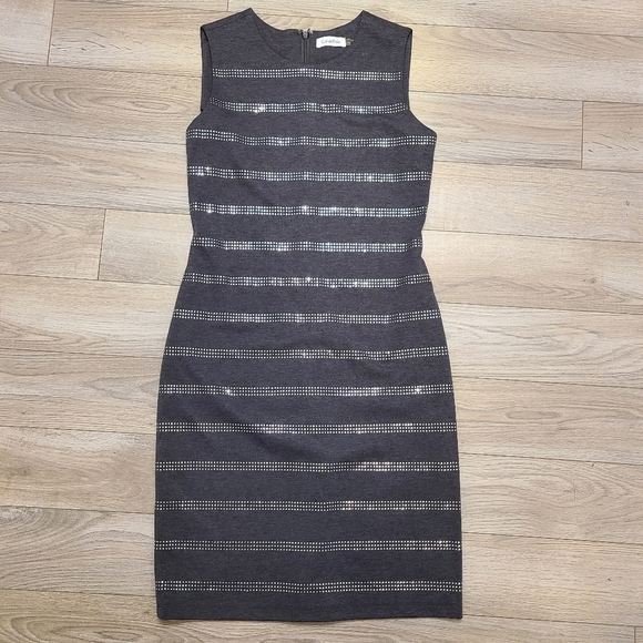Calvin Klein Dresses & Skirts - CALVIN KLEIN Rhinestone Striped Sheath Dress Dark Heather Gray Size 4 Stretch